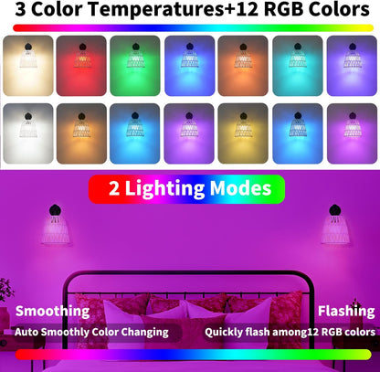 Boho Battery Operated Wall Sconces, Rattan Wall Sconce Set of 2 with Remote, RGB 15 Colors Dimmable Rechargeable Wall Light, Black Indoor Wireless Wall Lamp, Farmhouse Rattan Wall Lighting for Bedroom