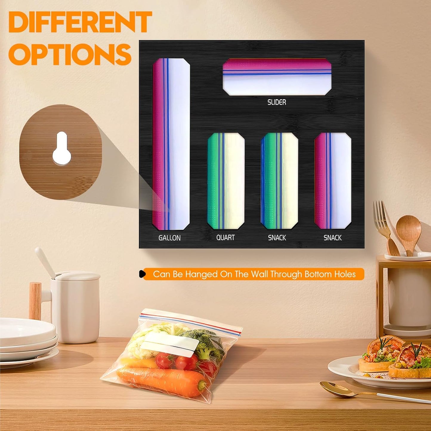 9 in 1 Foil and Plastic Wrap Dispenser with Cutter, Black Bamboo Ziplock Bag Organizer for Drawer - Holds Gallon, Quart Bags & Aluminum Foil/Wax Paper, Wall Mountable Kitchen Storage