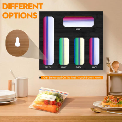 9 in 1 Foil and Plastic Wrap Dispenser with Cutter, Black Bamboo Ziplock Bag Organizer for Drawer - Holds Gallon, Quart Bags & Aluminum Foil/Wax Paper, Wall Mountable Kitchen Storage