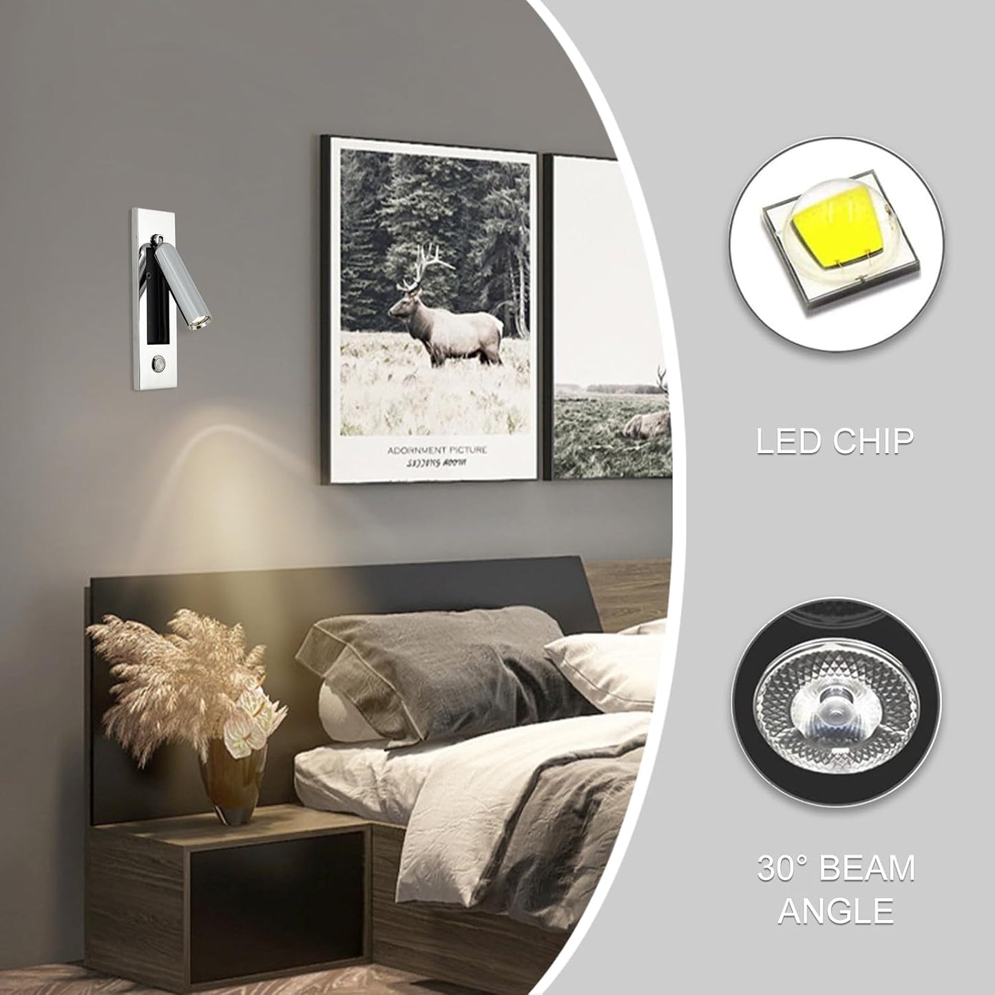 LED Bedroom Lamp Headboard Wall Light Sconce, Bedside Reading Light Recessed Push Switch Wall Lamps, Hotel Bed Side Decorative Wall Sconces Spotlight, 360° Rotatable 92° Foldable (Brass+Black)