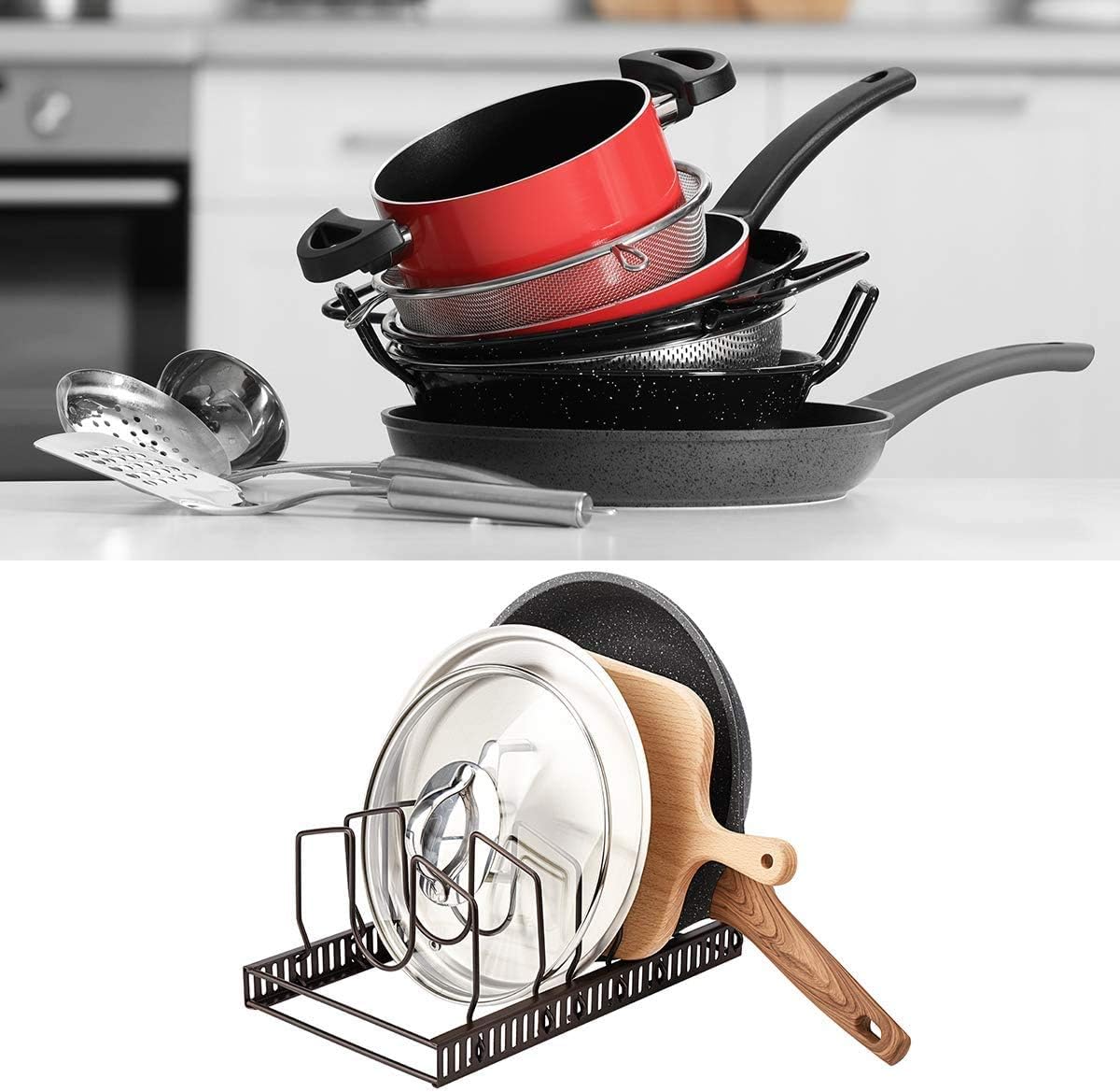 Toplife Pot Lids Organizer Rack for Cabinet and Countertop, 7+ Pan Lids and Bakeware Organizer Rack Holder with 7 Adjustable Compartments - Black