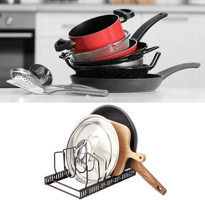 Toplife Pot Lids Organizer Rack for Cabinet and Countertop, 7+ Pan Lids and Bakeware Organizer Rack Holder with 7 Adjustable Compartments - Black