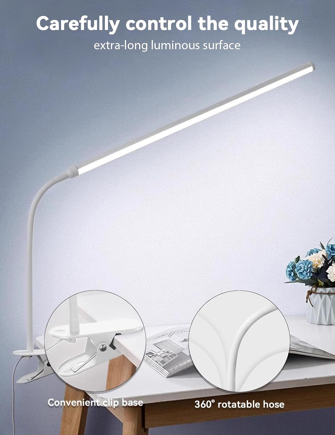 2 Pack LED Desk Lamp with Clamp,Eye-Friendly Clip on Lights for Home Office Study Reading,3 Modes 10 Brightness,Long Flexible Goose-Neck,Swing Arm Architect Task Table Lamps USB Usage
