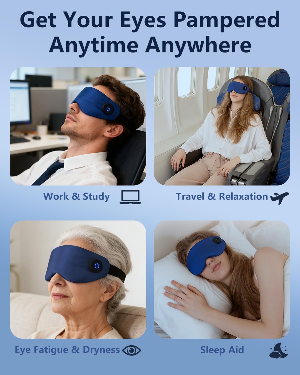 Heated Eye Mask for Dry Eyes – Cordless Warm Eye Compress, 100% Mulberry Silk Sleep Mask with Graphene Heating, 3 Heat Levels and Auto Shut-Off, Rechargeable and Washable