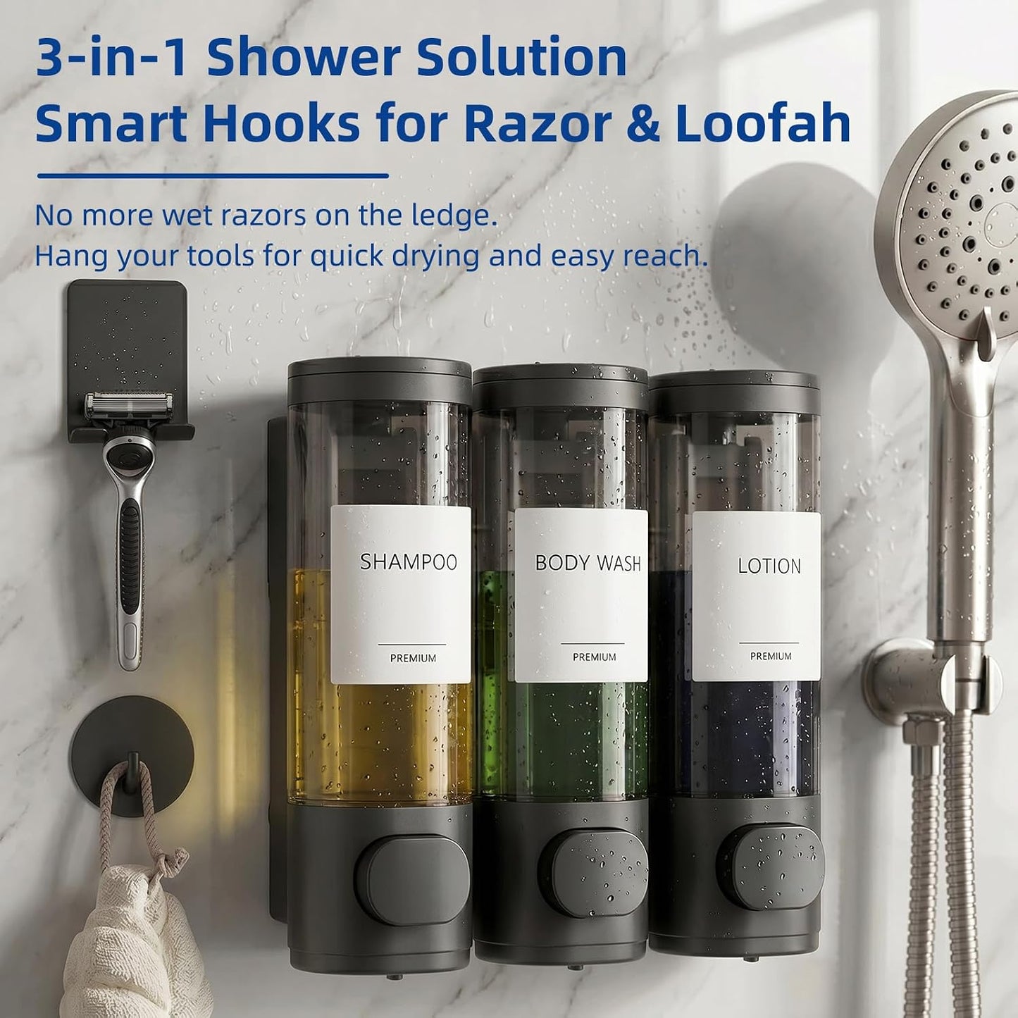 GMISUN Shower Soap Dispenser Wall Mounted with Razor Holder & Loofah Hook, No Drill Design Shampoo and Conditioner Dispenser, Plastic Shower Soap Dispenser Bottles with Labels Set of 3,Satin Silver