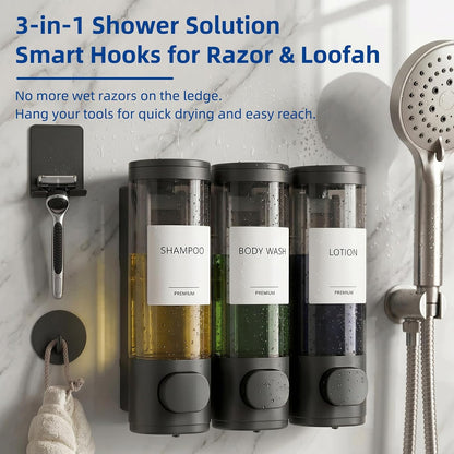 GMISUN Shower Soap Dispenser Wall Mounted with Razor Holder & Loofah Hook, No Drill Design Shampoo and Conditioner Dispenser, Plastic Shower Soap Dispenser Bottles with Labels Set of 3,Satin Silver