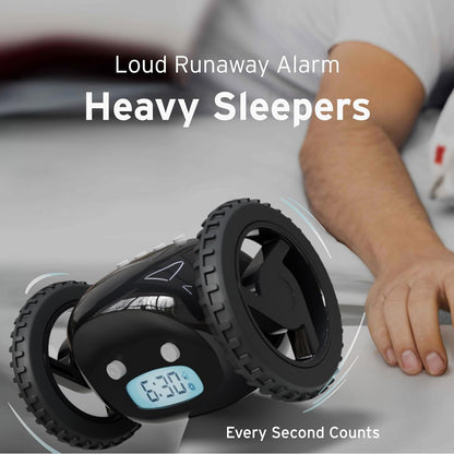 CLOCKY Alarm Clock on Wheels – Loud Rolling Alarm Clock for Heavy Sleepers | Runaway Clock that Jumps & Runs to Wake You Up | Funny Unique Gift for Adults, Teens & Kids Bedrooms (Black)