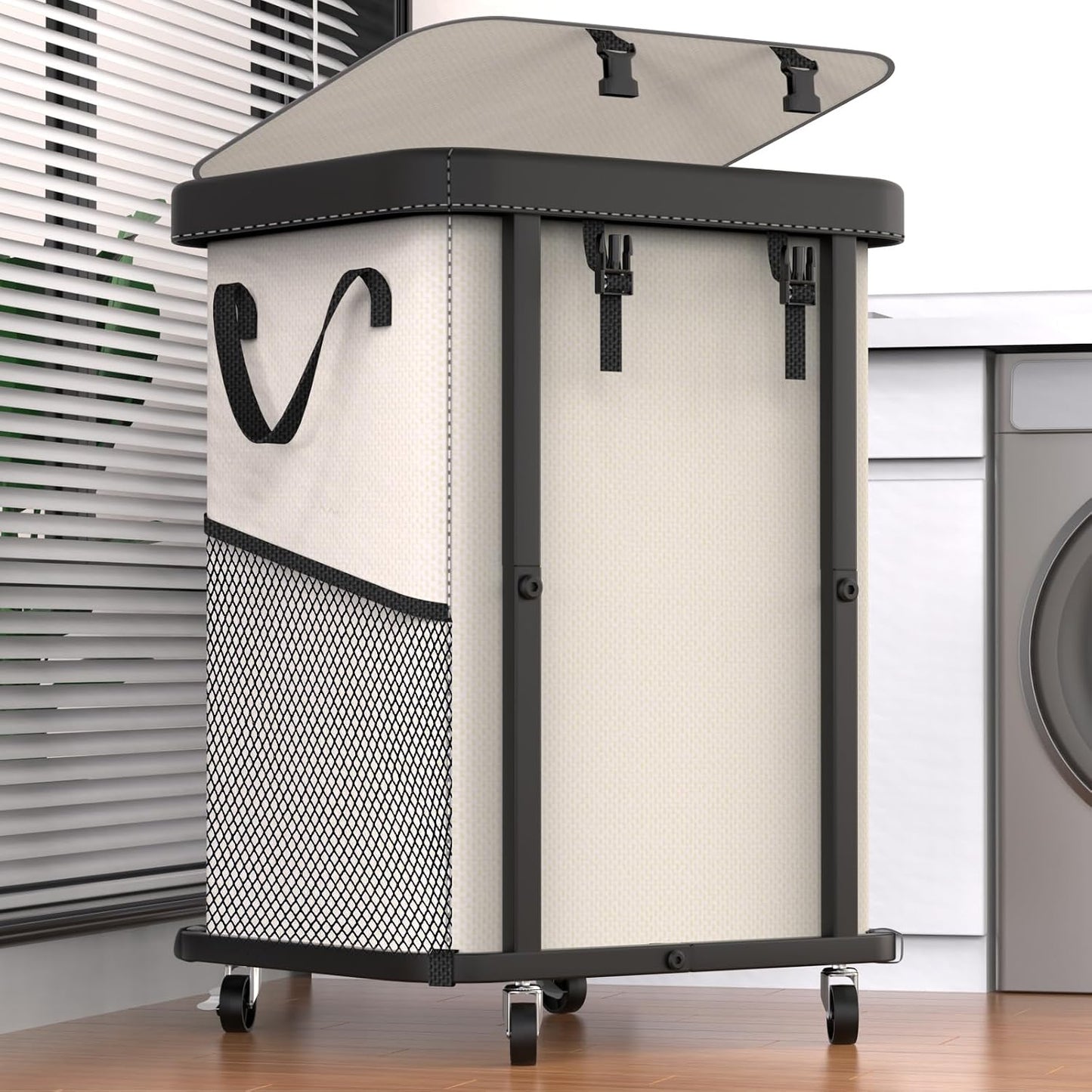 Laundry Hamper with Wheels,150L Leather Patchwork Clothes Hamper Black | Rolling Laundry Basket with Sturdy Metal Frame, Removable Washable Bag,Tall Clothes Sorter for Bedroom, Laundry Room, Dorm