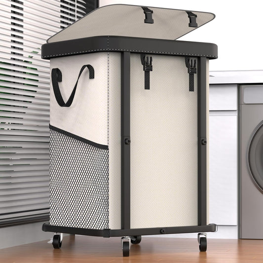 Laundry Hamper with Wheels,150L Leather Patchwork Clothes Hamper Black | Rolling Laundry Basket with Sturdy Metal Frame, Removable Washable Bag,Tall Clothes Sorter for Bedroom, Laundry Room, Dorm