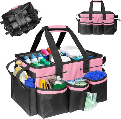Boczif Cleaning Caddy Bag Wearable,Cleaning Caddy Supplies Organizer(Pink) | with Handle, Shoulder Straps & Detachable Divide, Cleaning Tool Organizers Tote Bag for Cleaners & Housekeepers