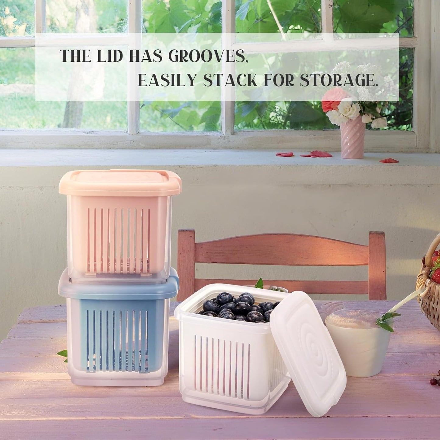 LemonRoad Set of 3 Berry Containers for Fridge, 1-Quart Berry Basket with Removable Colander, Kitchen Fruit Baskets for refrigerator, for Strawberry, Grape, Cherry, Berries Fresh longer