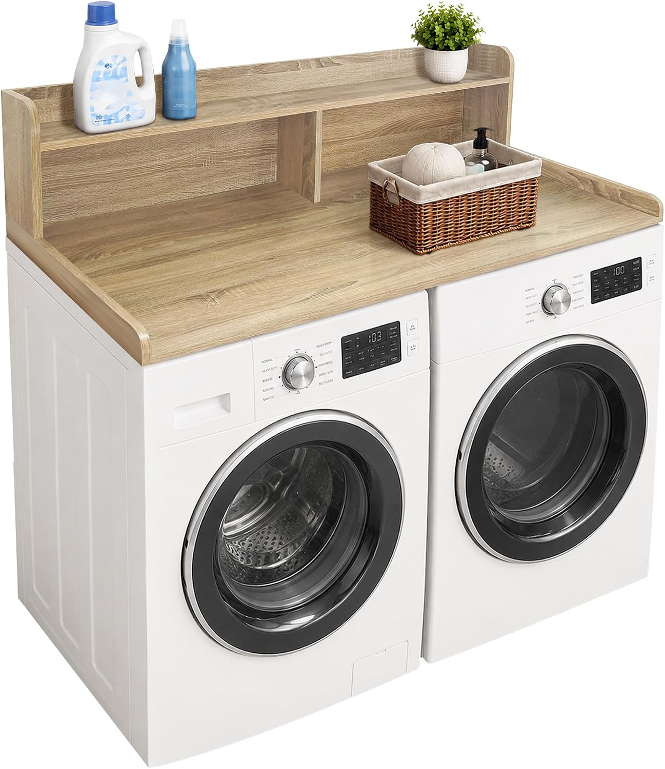 Royxen Laundry Countertop with 2-Tier Shelf Universal Fit, Washer and Dryer Countertop with Storage Space, Shelf Height 11.5 Inches, Solid Wood Core, Walnut