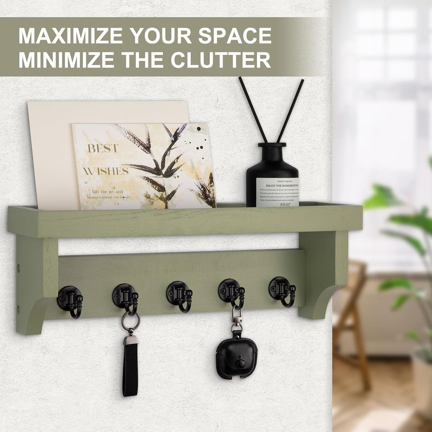 Key and Mail Holder Wall Mount, Mail Organizer with 5 Key Hooks | Key Holder with Shelf, Key Holder for Coat, Dog Leash, Home Decor Rack, Entry Way Organizer