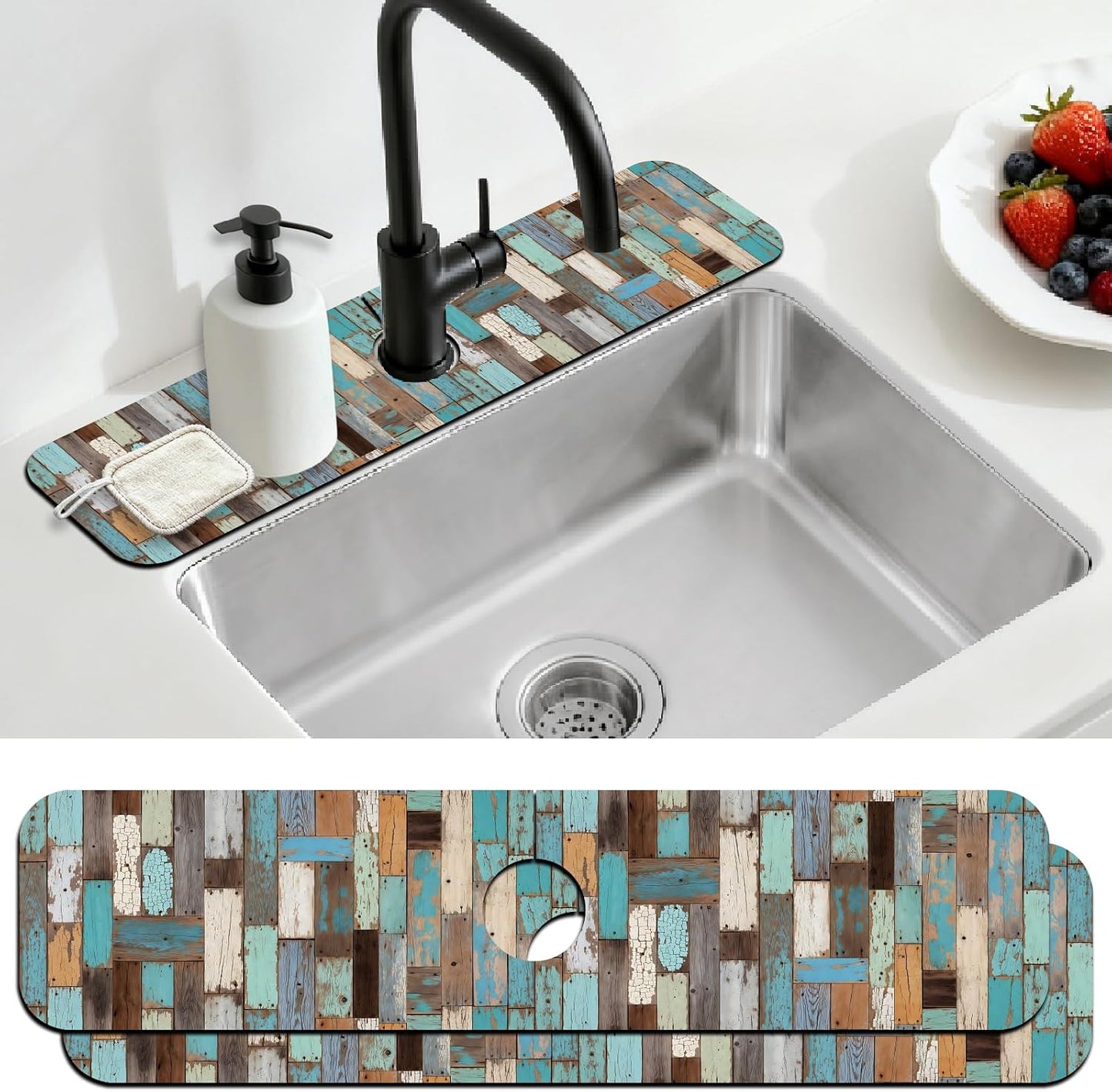2 Pcs Kitchen Sink Splash Guard Faucet Mat Wood Grain Pattern Faucet Mat for Sinks Natural Wood Color Absorbing Drying Mats for Kitchen Bathroom, 23.6x5.5inch