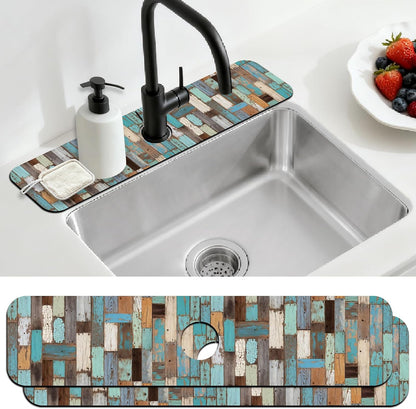 2 Pcs Kitchen Sink Splash Guard Faucet Mat Wood Grain Pattern Faucet Mat for Sinks Natural Wood Color Absorbing Drying Mats for Kitchen Bathroom, 23.6x5.5inch