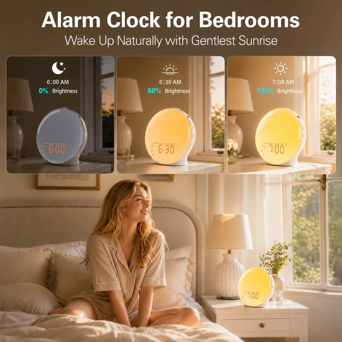 JALL Full Screen Dimmer Sunrise Alarm Clocks for Bedrooms, Wake Up Light with FM Radio, 25 White Noise Sleep Sounds, Bluetooth Speaker, Dual Alarms Bedside Clock for Heavy Sleepers