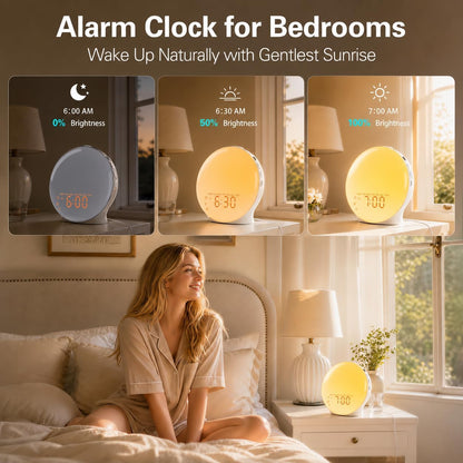 JALL Full Screen Dimmer Sunrise Alarm Clocks for Bedrooms, Wake Up Light with FM Radio, 25 White Noise Sleep Sounds, Bluetooth Speaker, Dual Alarms Bedside Clock for Heavy Sleepers