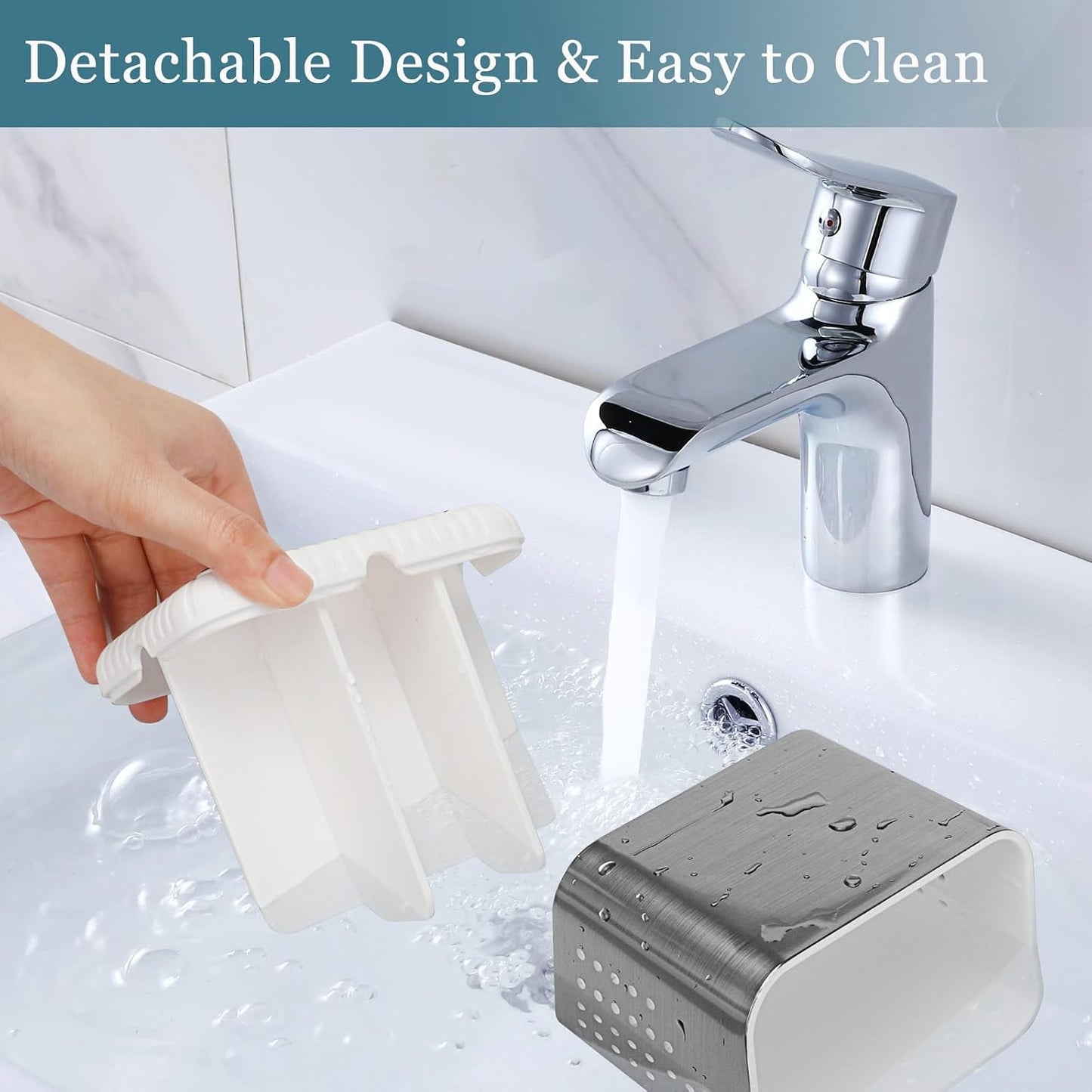 Bathroom Toothbrush Holders, Toothbrush and Toothpaste Holder (Wood Grain) | Easy To Clean, Drainage, Removable, Non-Slip, 4 Slots Tooth Brush Holder for Bathroom Countertop Organizer