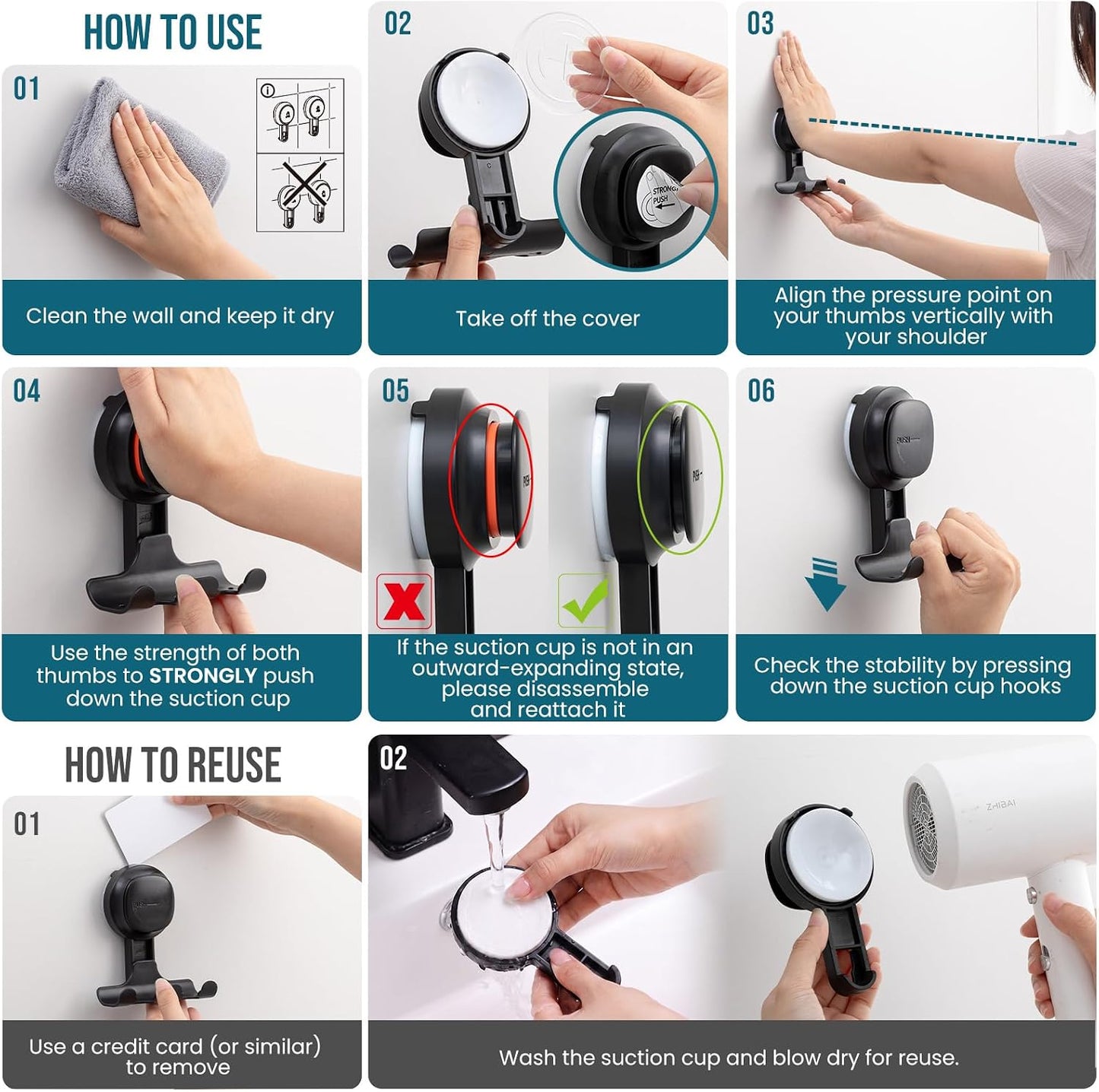 TAILI 2 Pack Upgraded Suction Cup Razor Holder for Shower Waterproof, Black | Visible Safety Indicator, Rust-Resistant Bathroom Organizer, No-Drill Glass Shower Wall Hook for Towel,Loofah,Razor,Squeegee