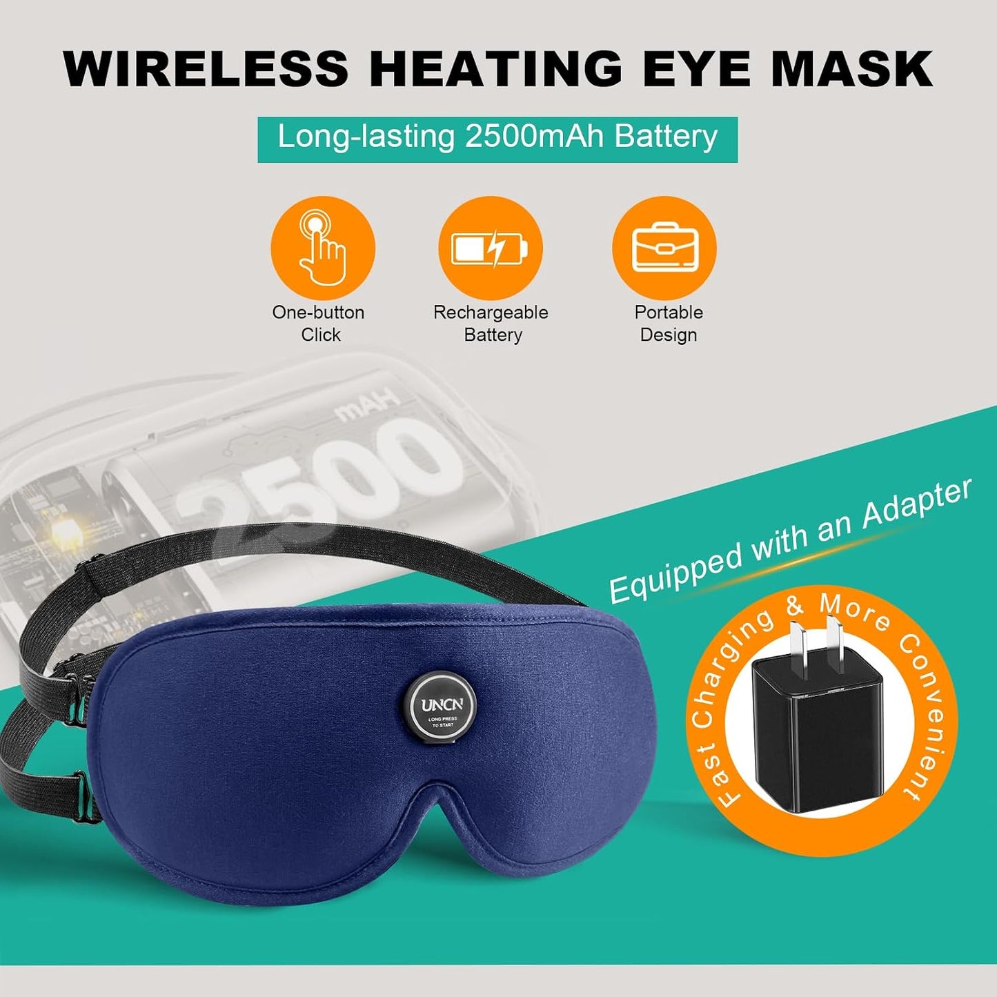 UNCN Heated Eye Mask for Dry Eyes Cordless Rechargeable 4 Temp Settings | 2500mAh cordless 4 temp settings 85-155°F 4 auto timers 20-50min off block light adjustable washable cotton cover