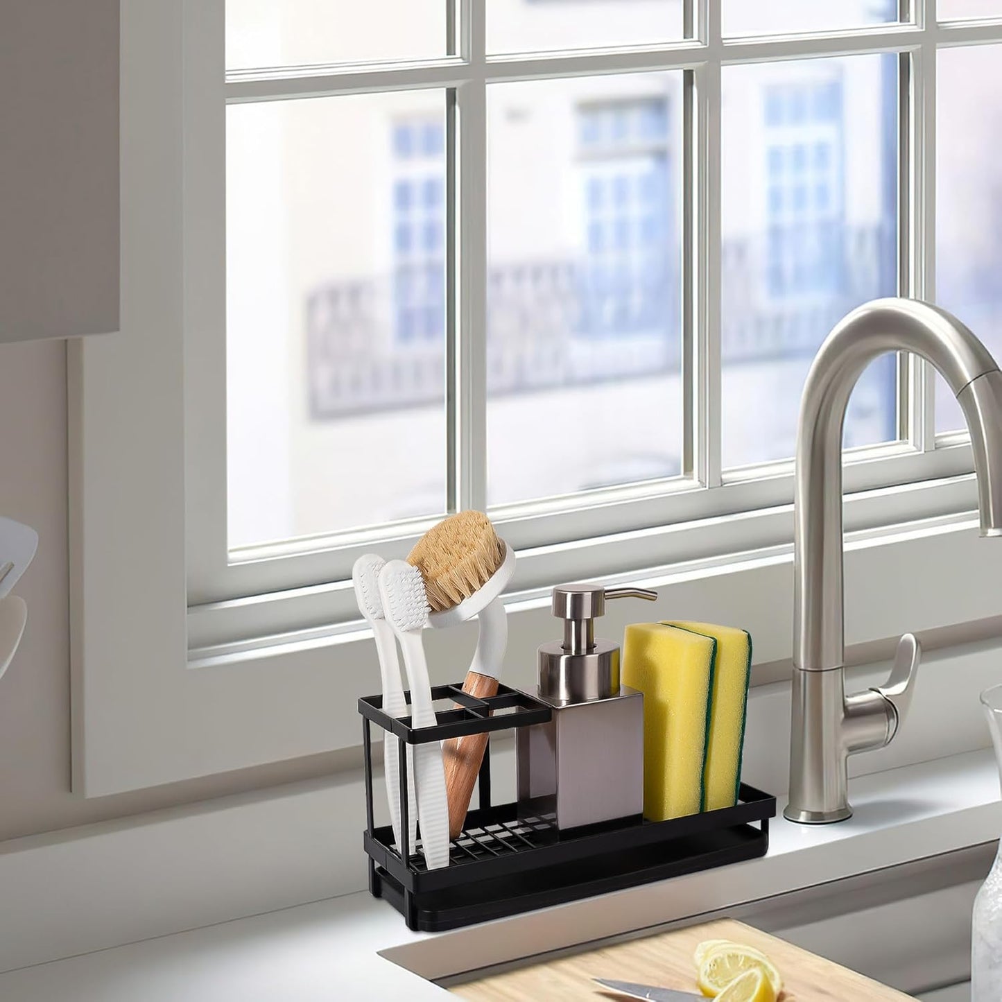 Toothbrush Holders Toothpaste Organizer Bathroom Accessories, Matte Black | Carbon Steel, 4 Slots, Removable Drip Tray, Easy to Clean, Electric Toothbrush Storage, for Countertop, Shower, Sink
