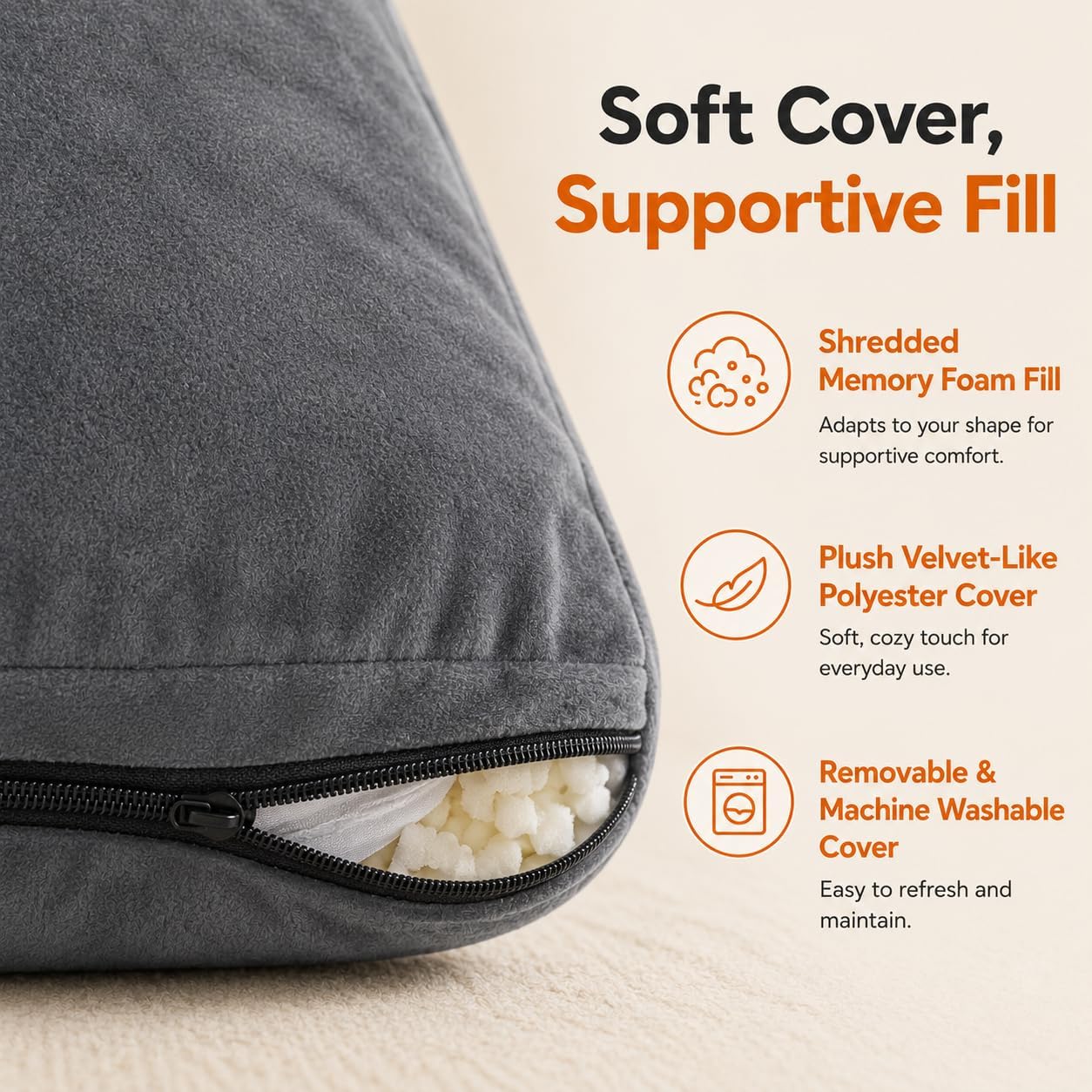 OAISZ Reading Pillow for Sitting in Bed with Shredded Memory Foam, Grey | 19-Inch Back Pillow for Sitting Up in Bed, Extended Arms, Side Pockets, Supportive Adjustable Pillow Removable Washable Cover