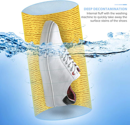 Shoe Washing Bag for Washing Machine, Fluffy Fibers Keep 360° Wrap-around Cleaning, Adjustable Shoe Trees, Durable Hidden Zipper Reusable Laundry Bag for Sneaker Gym Shoes White