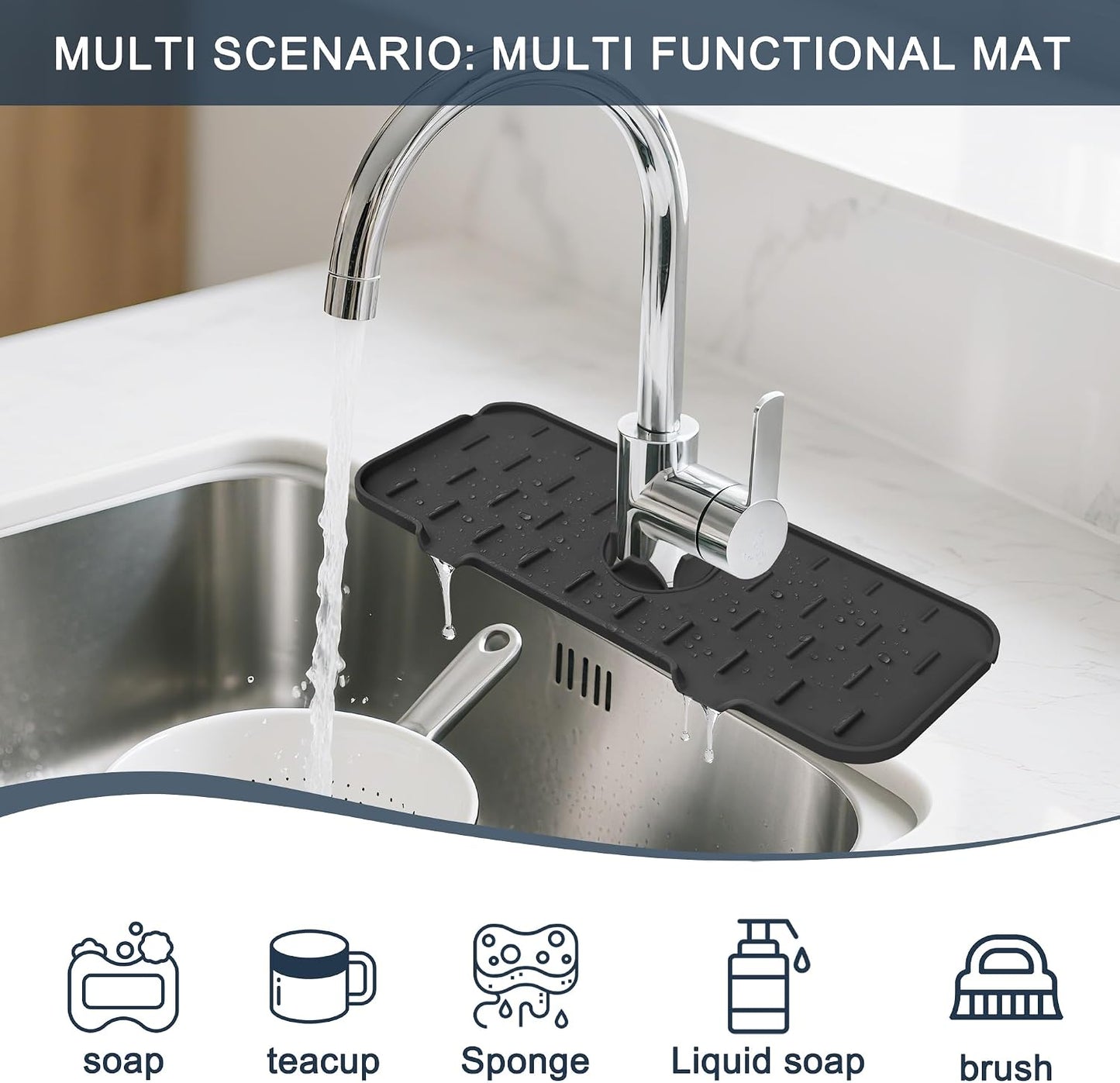 Kitchen Sink Splash Guard Silicone Faucet Mat for Kitchen Sink Grey | Sink drain pad behind faucet, Sink rubber mat around faucet guard & draining mat, bathroom sink protector Water Catcher Mat