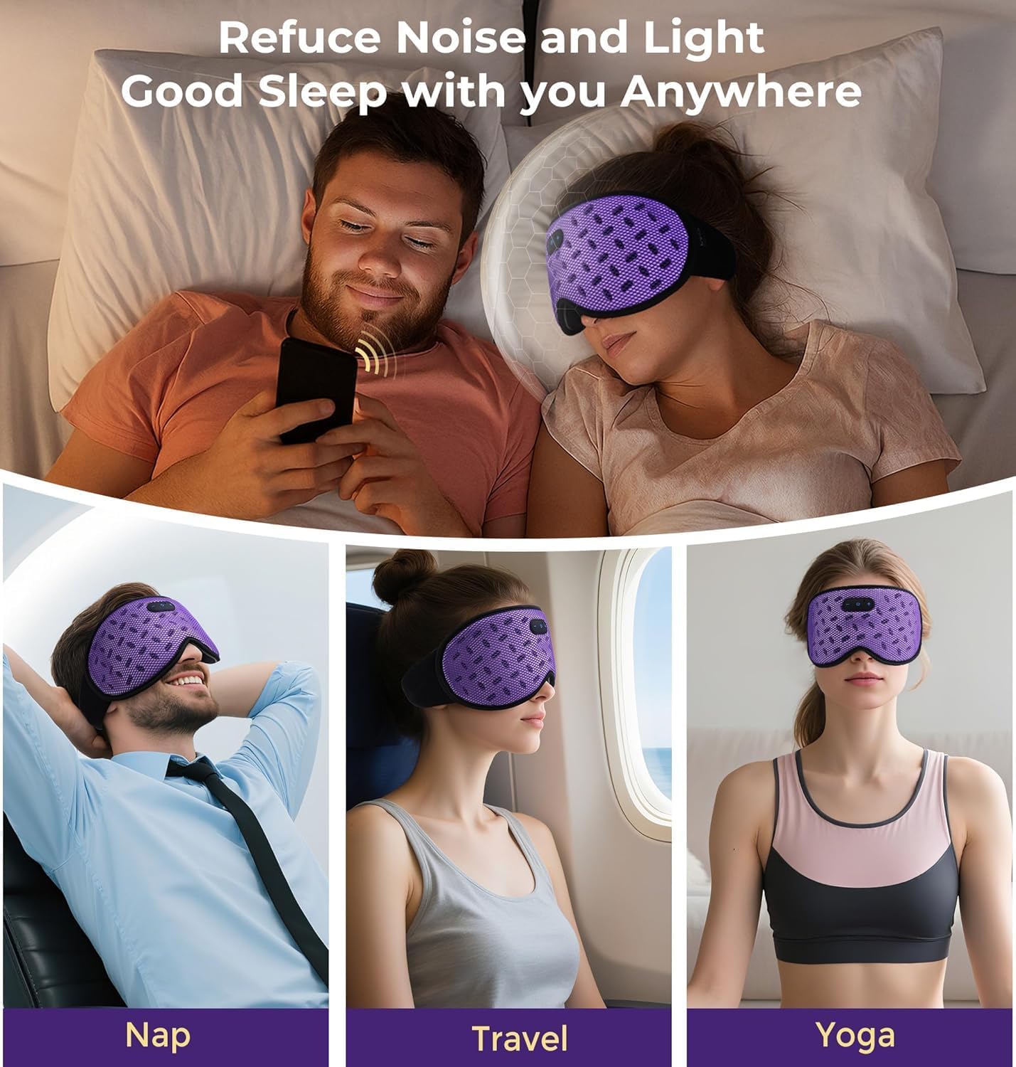 LC-dolida Sleep Headphones, Sleep Mask with Bluetooth 5.4 Headphones, Detachable 3D Blackout Eye Mask with Wireless Headphones Bluetooth Sleep Mask for Side Sleepers, Cooling Music Mask Gift (Purple)