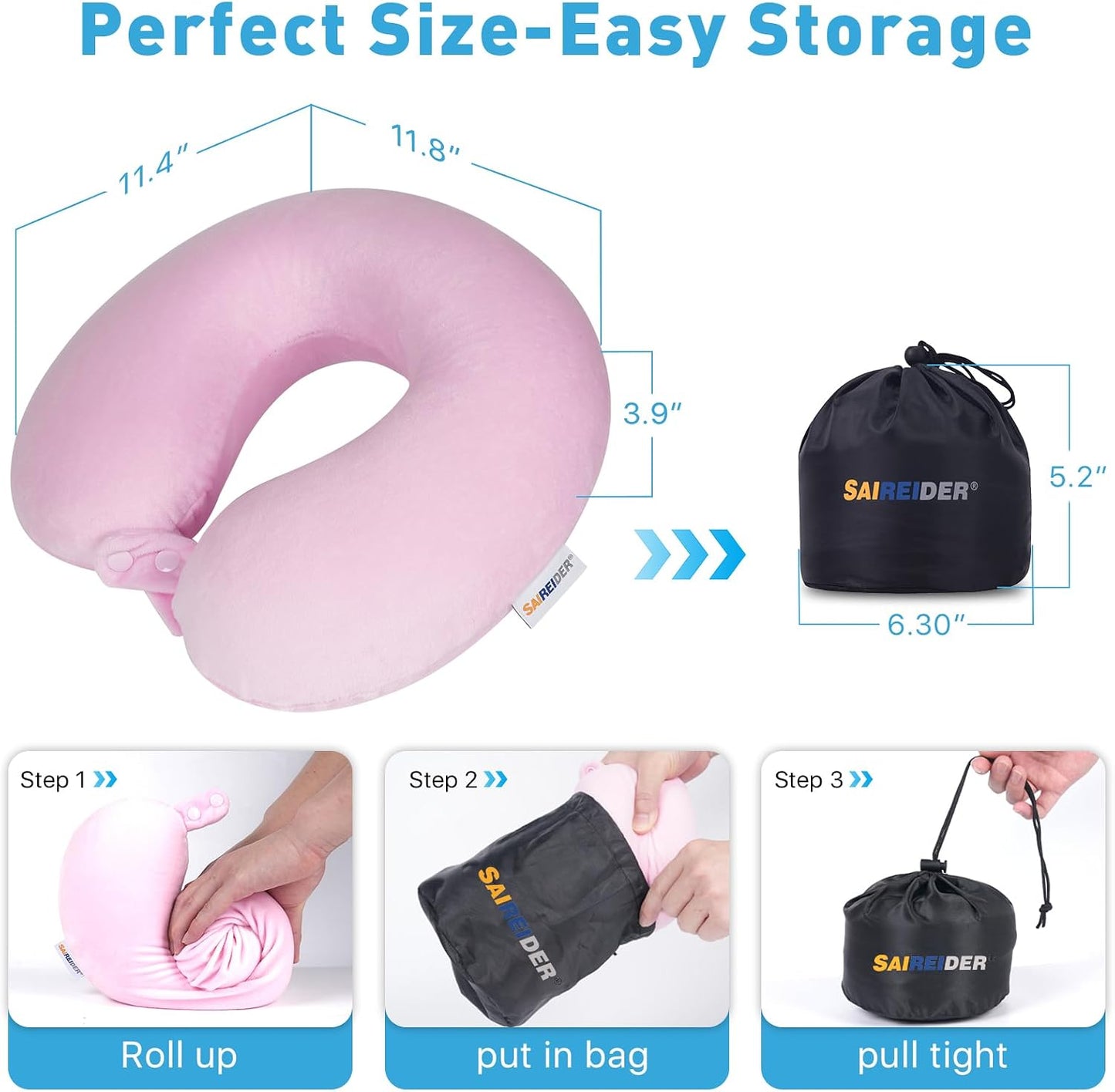 SAIREIDER Travel Pillow 100% Pure Memory Foam Travel Neck Pillow, Airplane Pillow for Traveling、Car、Home、Office，Washable Cover（Black）