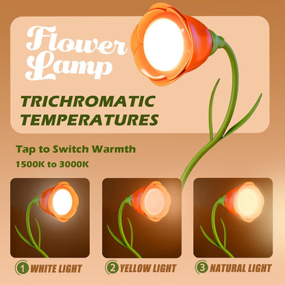 Rose Flower Lamp Rechargeable Reading Light for Bed,3-Color Modes Adjustable Brightness Small Night Light Neck Reading Light,Festival Gifts for Kids Mom Girlfriend Grandma(Orange-red)