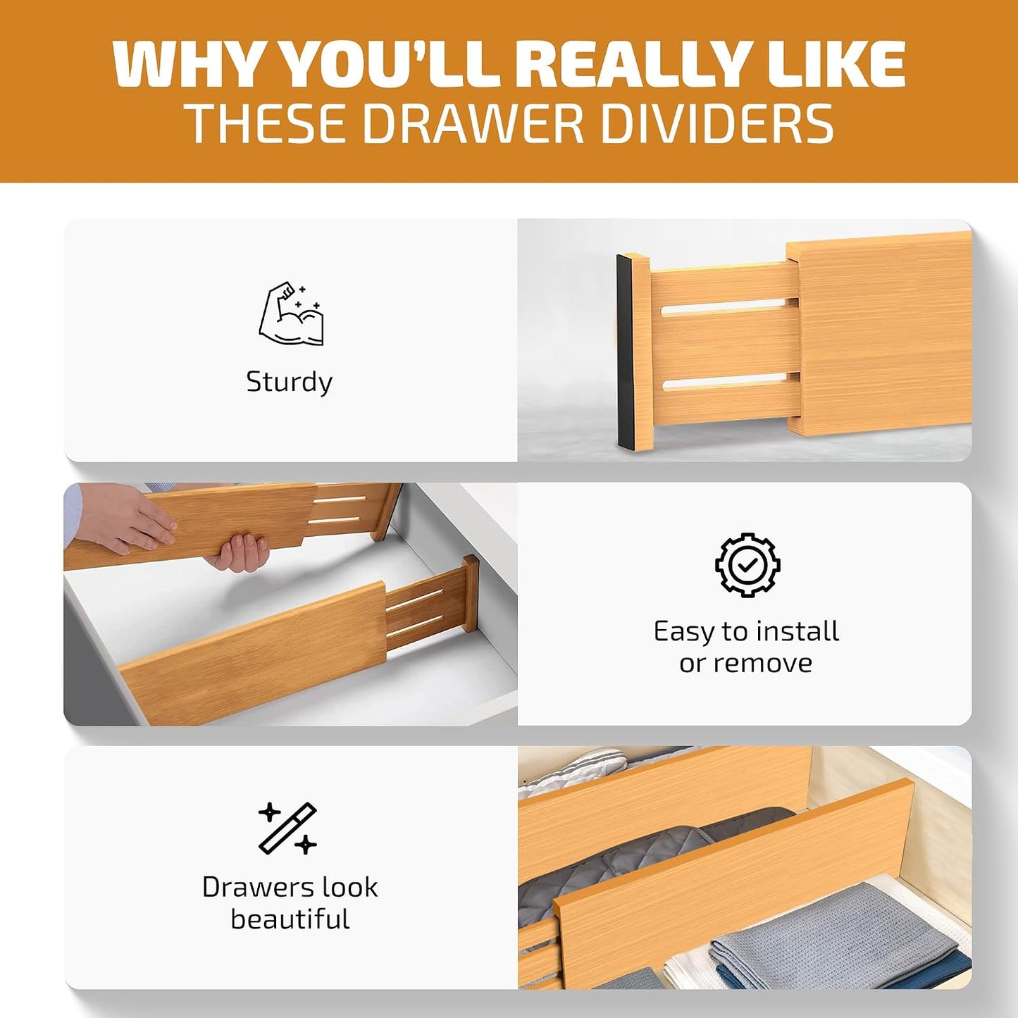 6-Pack Deep Drawer Dividers 4-Inch High Dresser Drawer Organizer, Bamboo | Adjustable 11.5-17 Inch Spring-Loaded Separators for Clothes, Utensils, Socks, Bedroom, Bathroom, Kitchen, Office, No Tools