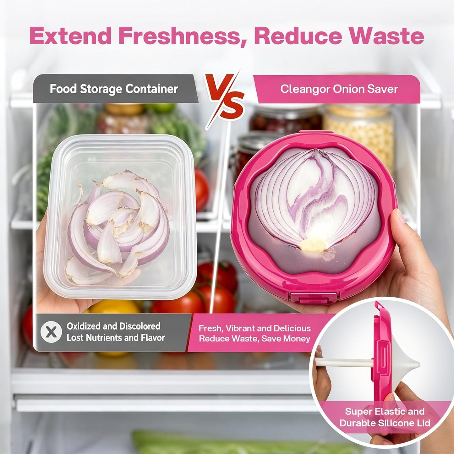 CLEANGOR Avocado Saver and Onion Saver, 4Pcs Fruit and Vegetable Savers | Silicone Food Saver with Snap-On Lid, Ideal for Avocados, Onions, Lemons, Orange and Tomatoes, Reusable, Dishwasher Safe