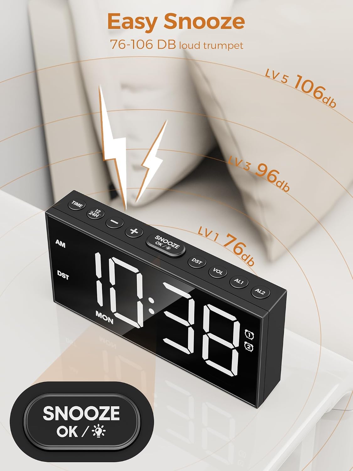 Vibrating Alarm Clock for Heavy Sleepers with Bed Shaker, 116dB Dual Alarms