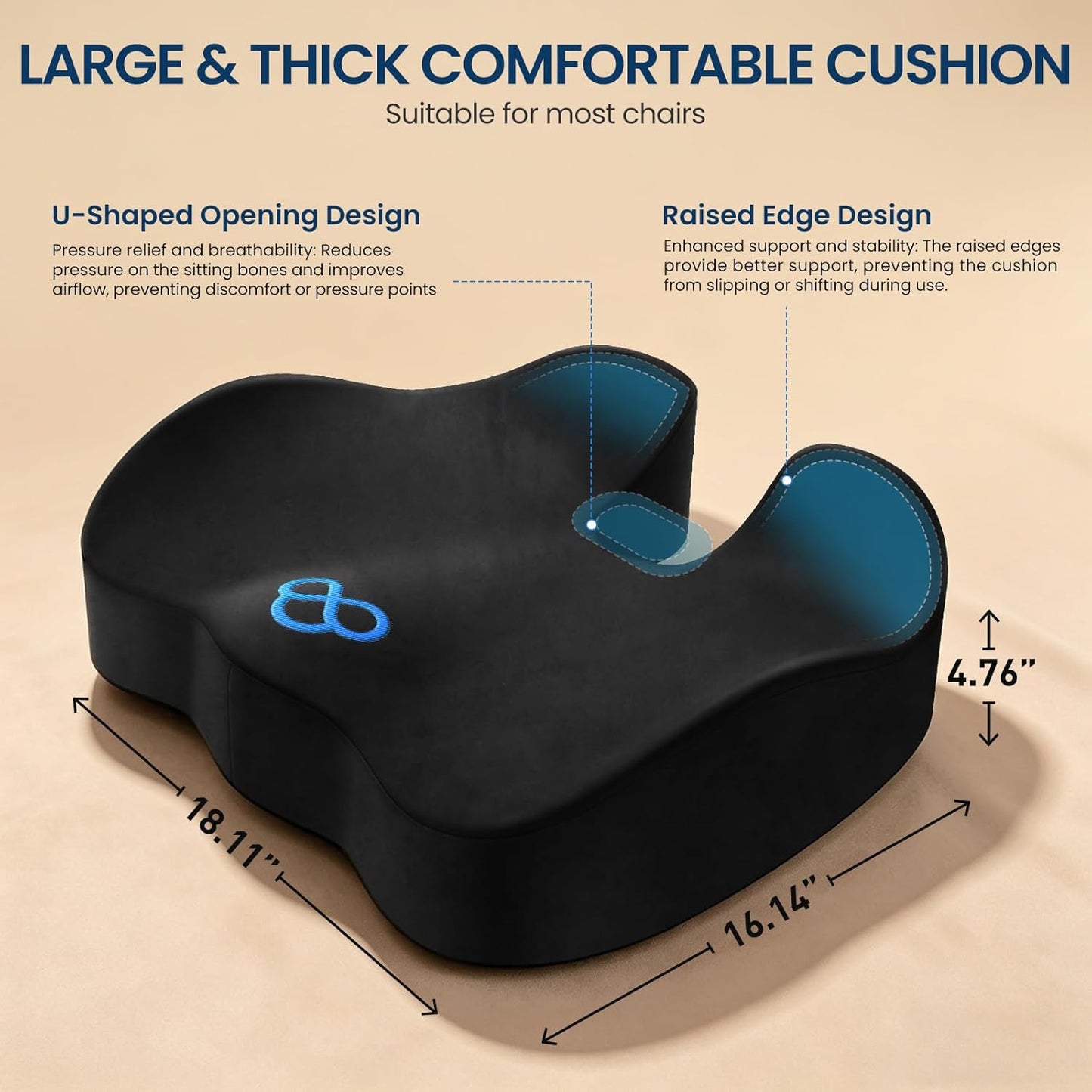 BlissTrends Memory Foam Seat Cushion for Office Chair & Car Seat, Black | 4.7in Ergonomic Tailbone & Sciatica Support with Removable Velvet Cover for Pressure Relief and Long Sitting Comfort
