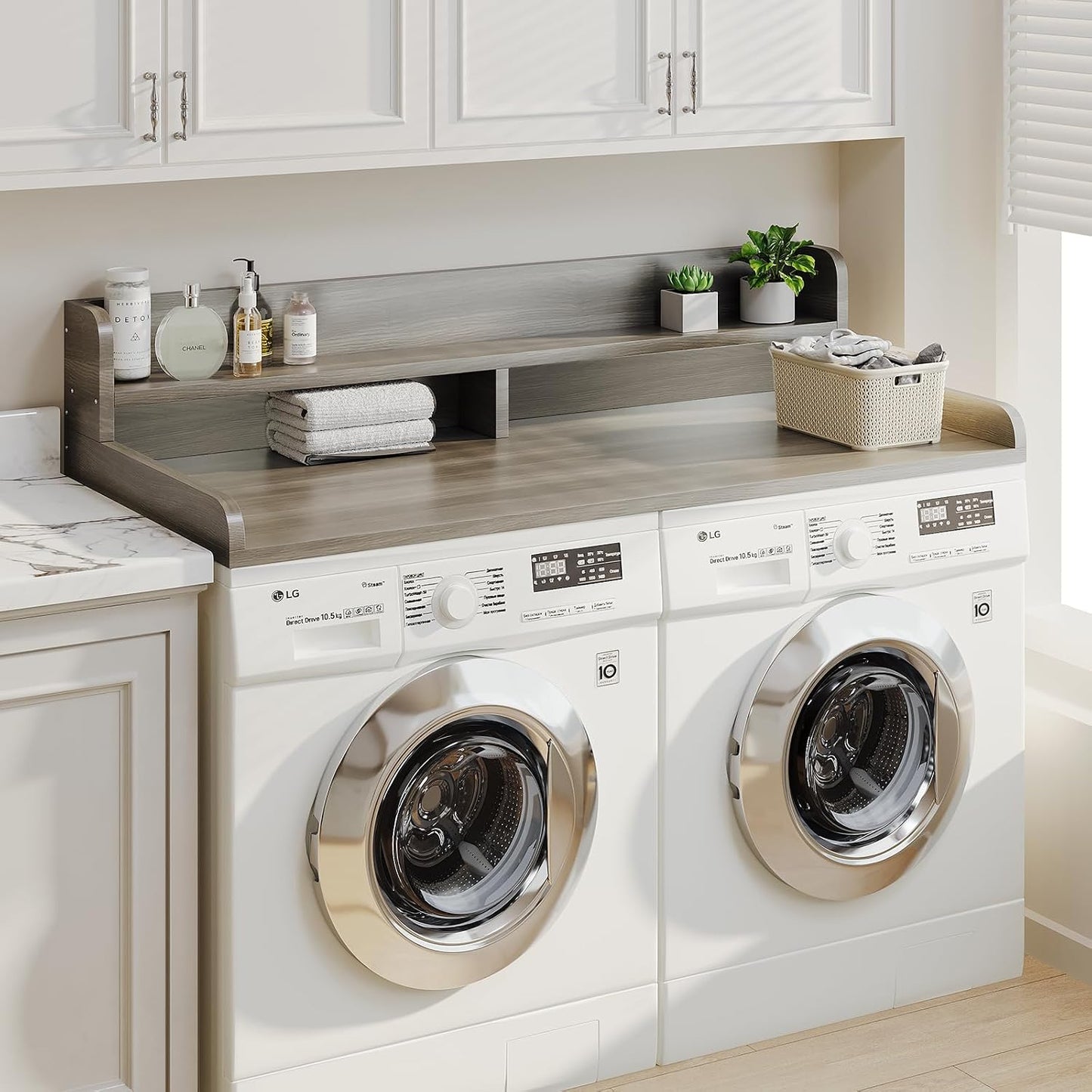 2-Tier Washer Dryer Countertop with 2.75" H Edge Rails, 54" W x 27.55" D Laundry Countertop for Folding Clothes, Washer and Dryer Topper with Non-Slip Pad (Dark Walnut)