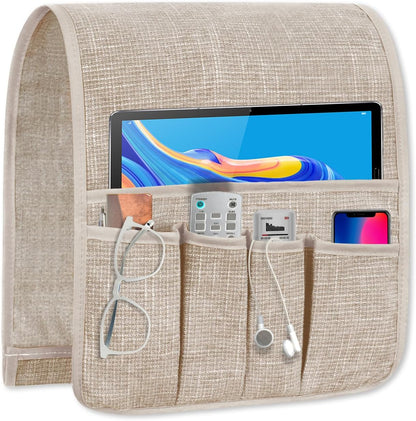 Remote Control Holder, Anti Slip Armchair Caddy Couch Caddy with 5 Pockets | Remote Holder Couch Caddy with 5 Pockets for Storage Accessories Bedside Organizer Senior Gifts (Beige,35''x12.4'')