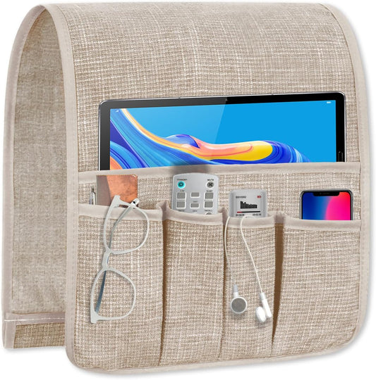 Remote Control Holder, Anti Slip Armchair Caddy Couch Caddy with 5 Pockets | Remote Holder Couch Caddy with 5 Pockets for Storage Accessories Bedside Organizer Senior Gifts (Beige,35''x12.4'')