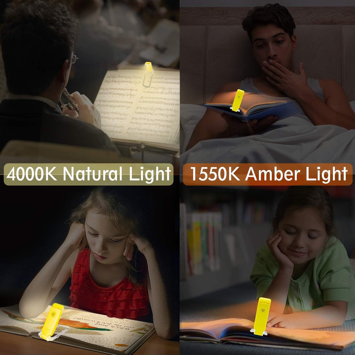 BIGLIGHT Amber Book Reading Light, LED Clip on Book Lights, Reading Lights for Books in Bed, Small Book Light for Kids, USB Rechargeable, 2 Brightness Adjustable for Eye Protection, Orange