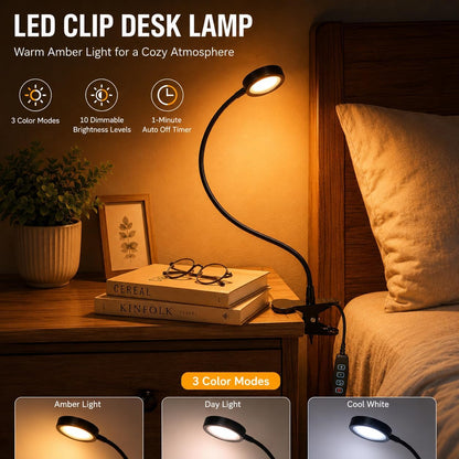 USB Clip-On Lamp, Eye Caring Dimmable Reading Light (Warm+Cool White, 8W) | Dimmable, Inline Switch, 1M Timer, USB 5V Port, 3000K+6000K, 81inch Long Cable, Flexible Gooseneck, Metal Head and Clip