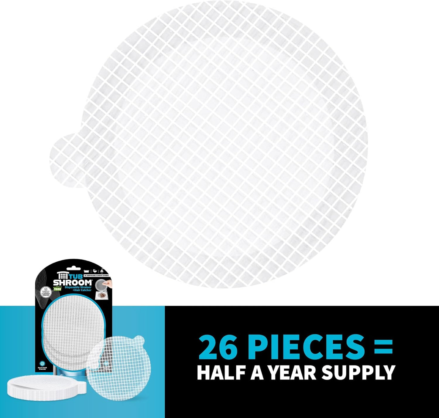 TubShroom 26 Pack Square Disposable Drain Cover - Hair Catcher Mesh Sticker Strainers for Shower Bathtub and Bathroom - Hair Catcher Sticker Drain Protector - Half Year Supply