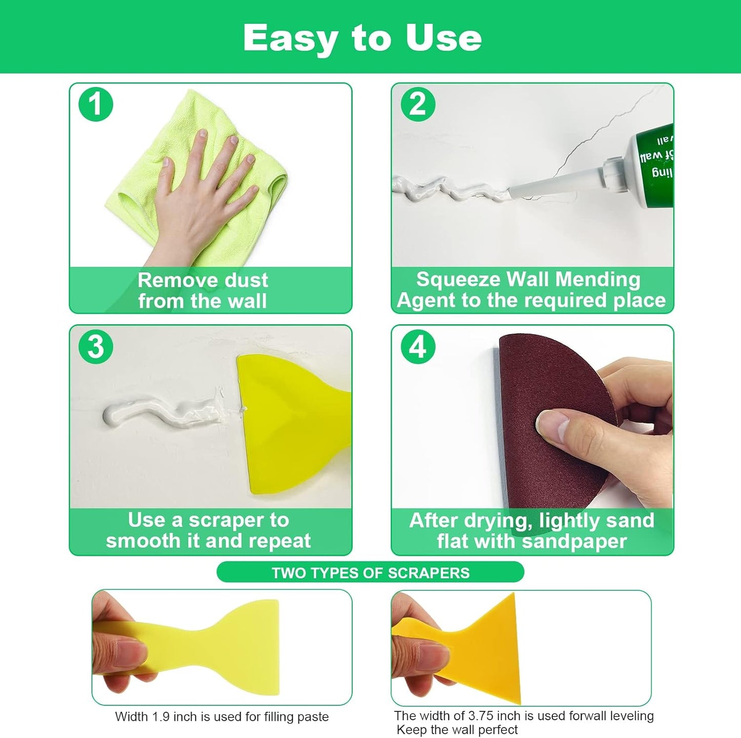 Drywall Repair Kit, 2 Pack Spackle Wall Repair Patch Kit with Scraper, Wall Mending Agent Large Hole Drywall Patch, Easy to Fill Holes in Home Wall and Quick Repair Crack, Plaster Wall Repair