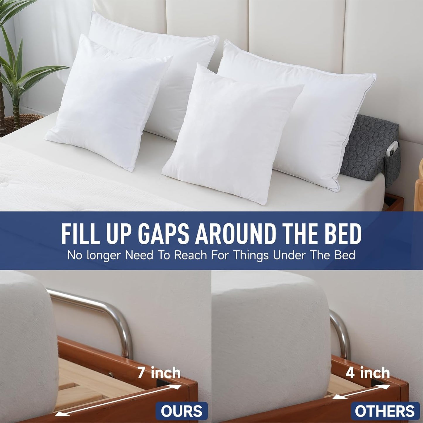 Patented Bed Wedge Pillow for Headboard Gap, Filler Between Mattress Gaps (0-7"), Comfortable Supportive High Density Cushioned Foam Pillows, Stay in Place Gripping Dots, King Soft Gray (76"x10"x6")