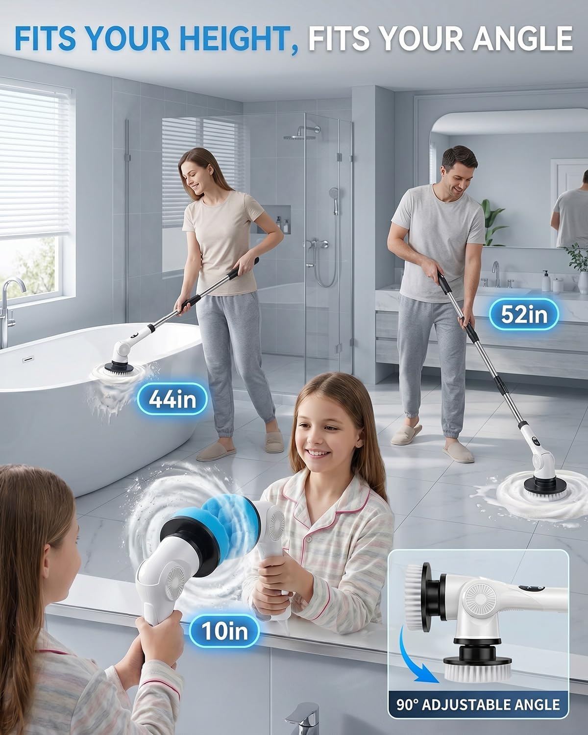 Electric Spin Scrubber, 3-Speed Shower Scrubber with Long Handle & 10 Replaceable Brush Heads, Cordless Full-Body IPX7 Waterproof Shower Cleaner Brush with 90 Mins Runtime for Bathroom