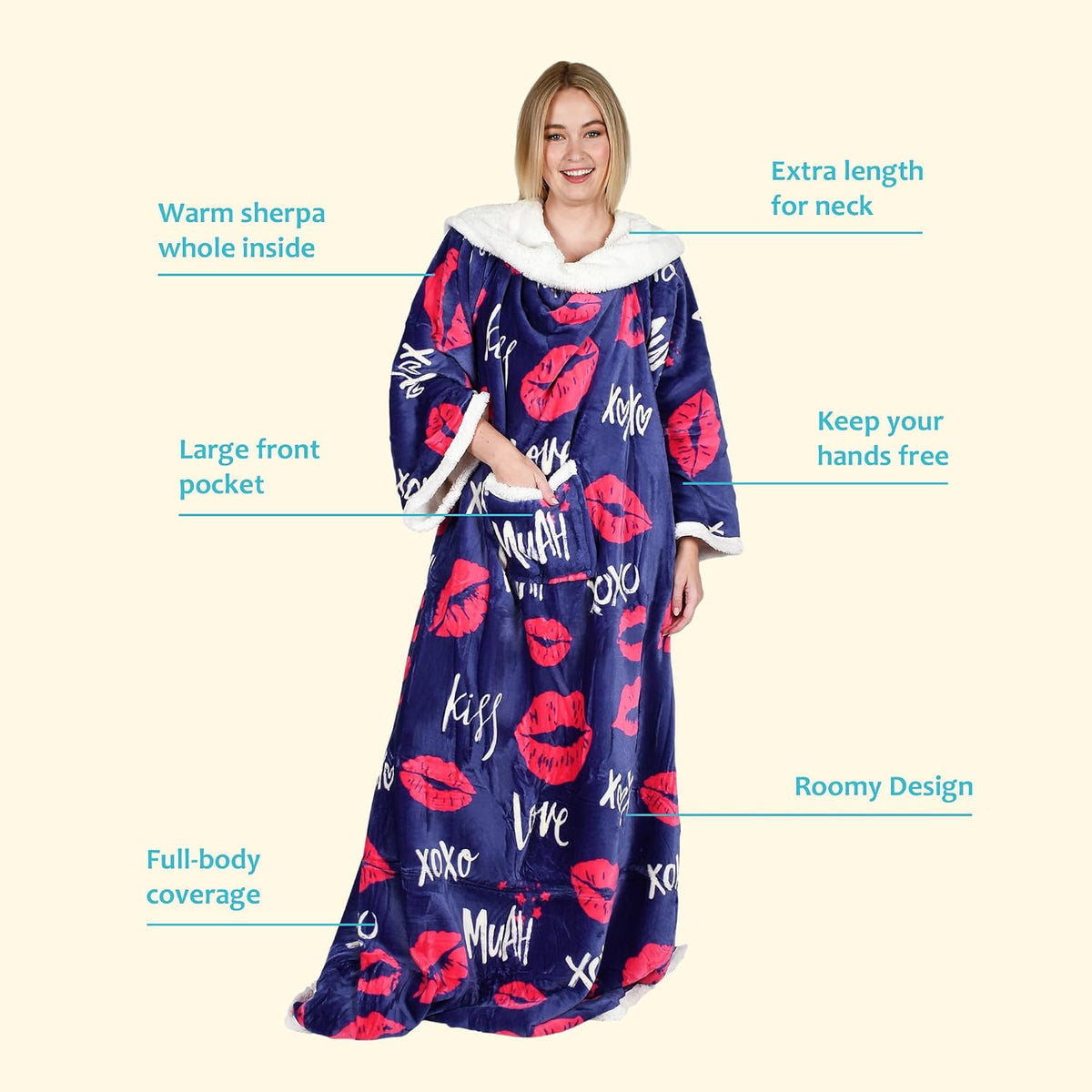 Catalonia Sherpa Wearable Blanket with Sleeves and Pocket for Adults