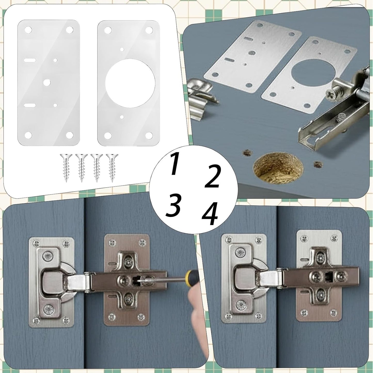 JJUNW 12Pcs Cabinet Hinges Repair Plates, Stainless Steel Repair Cabinets, Hinge Repairs Plate Cabinets Door Hinge with Mounting, Fixing Tool Plates Screws for Kitchen, Cupboard, Locker, Cabinet Doors