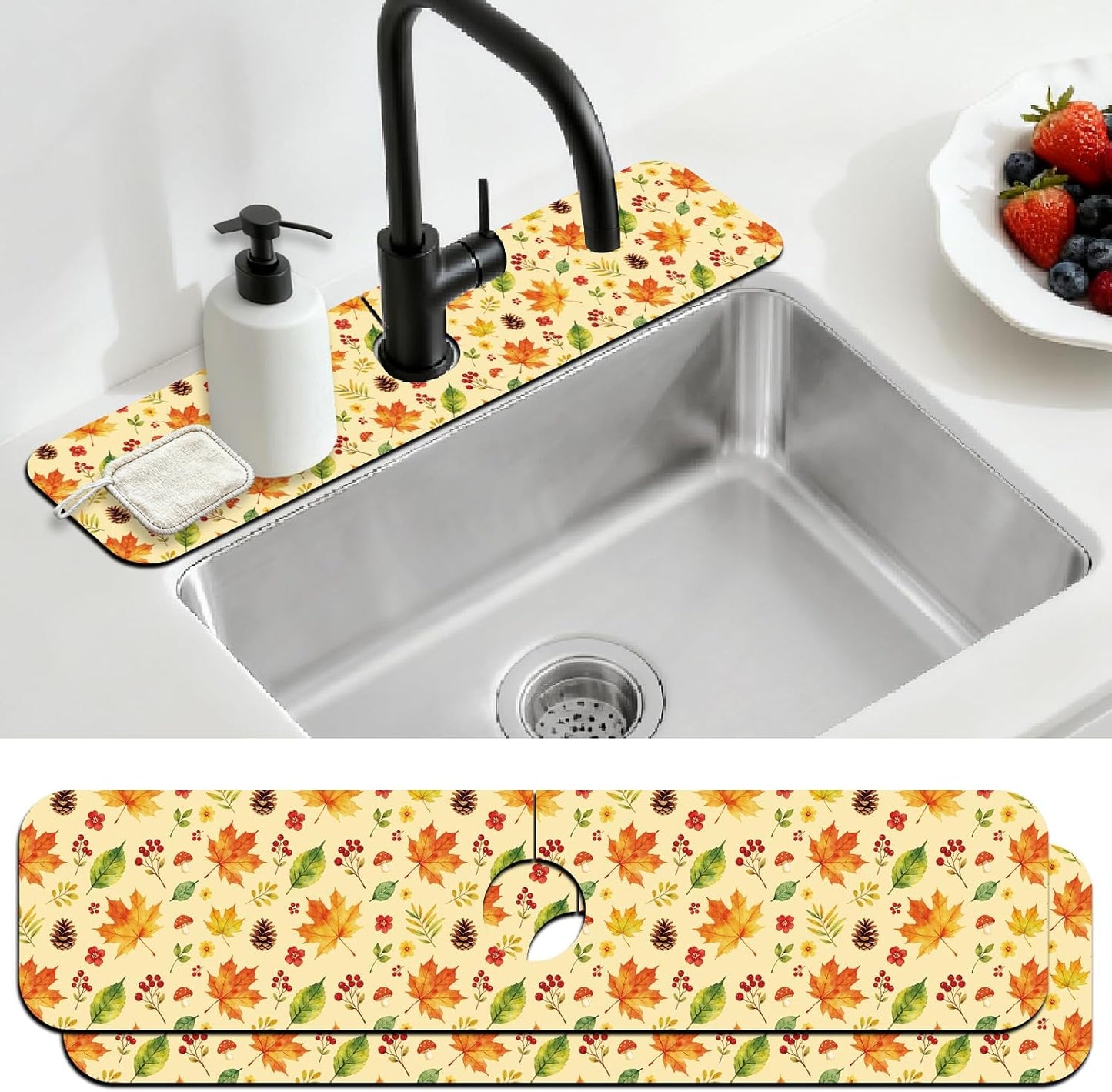 2Pcs Peonies Kitchen Sink Splash Guard Faucet Mat Vintage Florals Faucet Mat For Bathroom Kitchen 5.5x23.6In