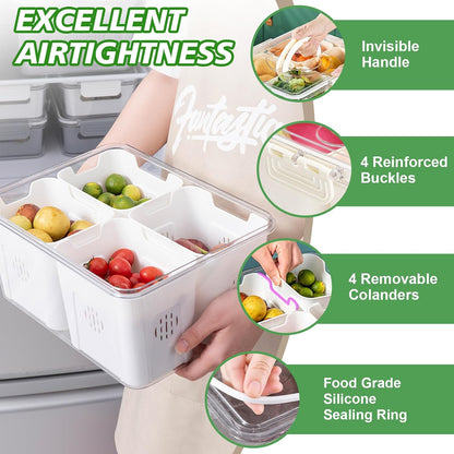 Fruit Storage Containers for Fridge with Lid and Handle, Veggie Tray Bins | Portable Fresh Produce Saver, Food Storage Container with 4 Removable Strainers,Salad Bar for Berry, Vegetable, Refrigerator