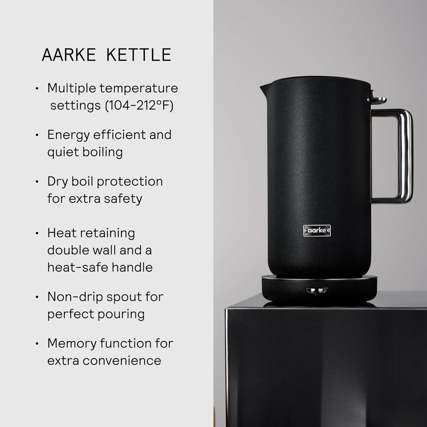 Aarke Kettle - Electric Water Boiler, 1.2L (40oz), Stainless Steel | Temperature Control, Non-Drip Spout, Double-Wall Construction, Dry Boil Protection, Heat-Safe Handle, LED Cool-Down Indicator