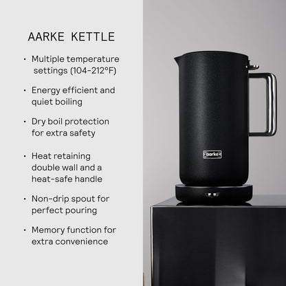 Aarke Kettle - Electric Water Boiler, 1.2L (40oz), Stainless Steel | Temperature Control, Non-Drip Spout, Double-Wall Construction, Dry Boil Protection, Heat-Safe Handle, LED Cool-Down Indicator